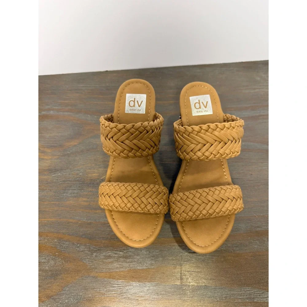 DV Dolce Vita Hilda Woven Slide Sandals Tan Block Heel Boho 7.5‎ Braided Boho